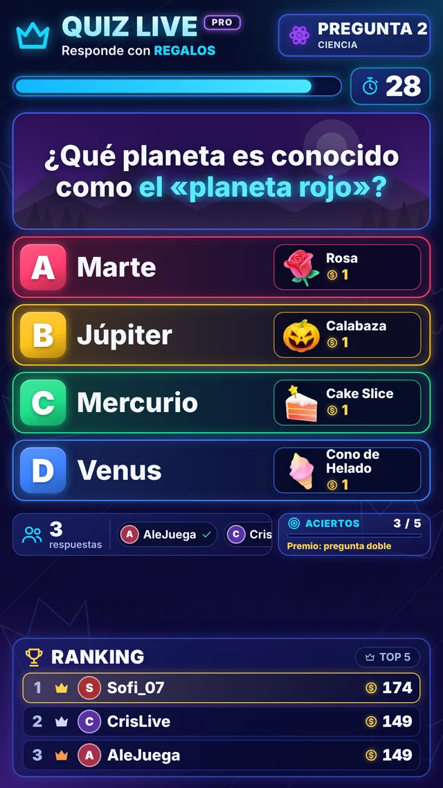Pantalla del quiz en un LIVE de TikTok: pregunta, cuatro opciones con su regalo y ranking